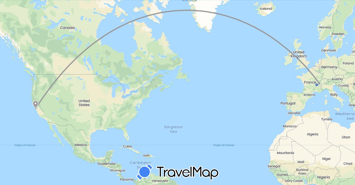 TravelMap itinerary: driving, plane, cycling in Switzerland, France, United Kingdom, United States (Europe, North America)